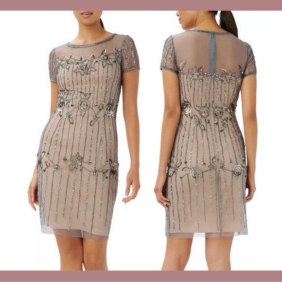 NWT Adrianna Papell Studio [ 10 ] Beaded Short Sleeve Dress Sterling Nude‎ - Picture 1 of 10